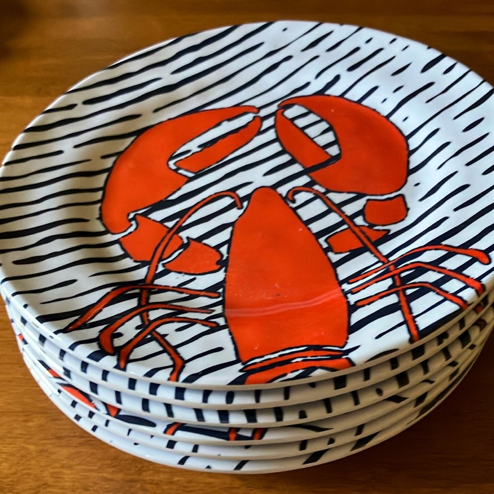 6 Lobster themed 8” melamine plates coastal beach picnic party EUC